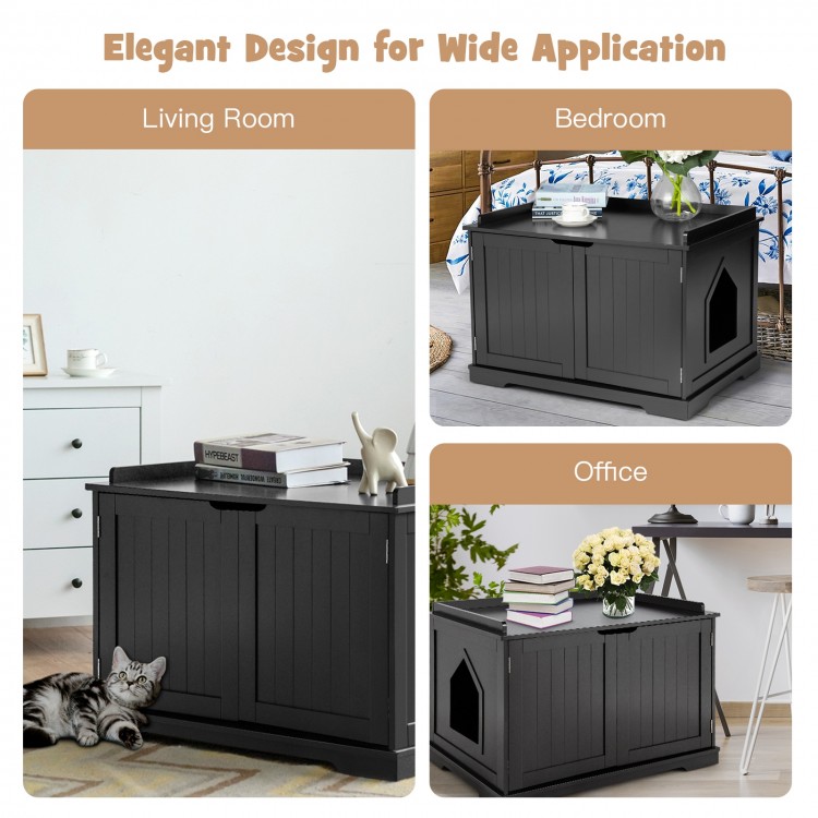 Black cat litter box enclosure with double doors, sturdy MDF, and large cat hole for easy access and ventilation.