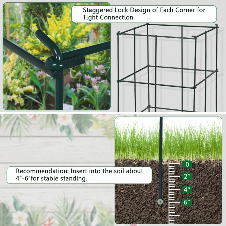 4 Pack garden trellis with staggered lock design for climbing plants, featuring a stable iron frame and dark green.