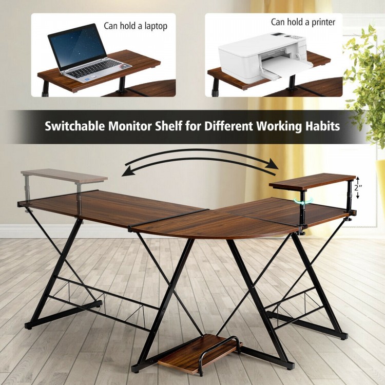 L-shaped computer gaming desk in walnut featuring a side view of the adjustable monitor stand, perfect for ergonomic.