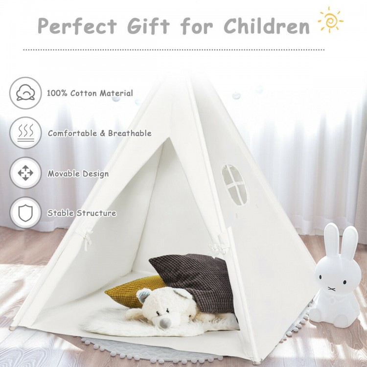 Portable 5.5 ft white cotton kids' play tent with four-sided design, perfect for indoor and outdoor imaginative play.