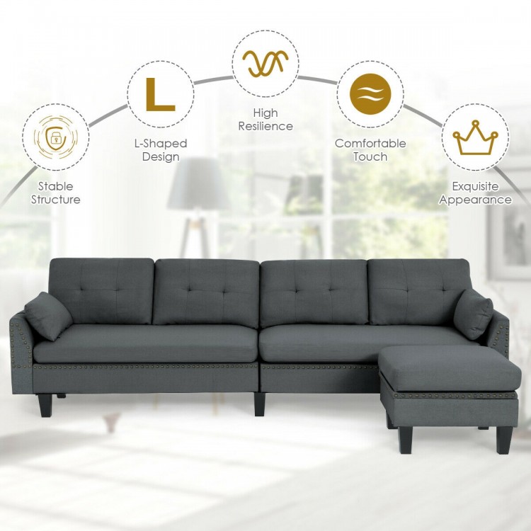 L-shaped reversible sectional sofa in gray with movable ottoman, breathable linen fabric, and chic rivet trim for.