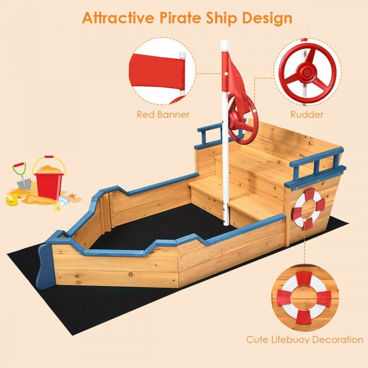 Wooden pirate boat sandbox for kids featuring a flag, rudder, and lifebuoy, with benches and storage for outdoor play.