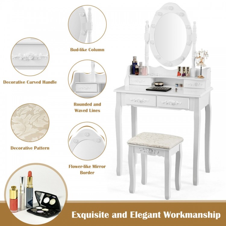 Close-up of the decorative carved handle on a white makeup vanity dressing table set, showcasing exquisite.
