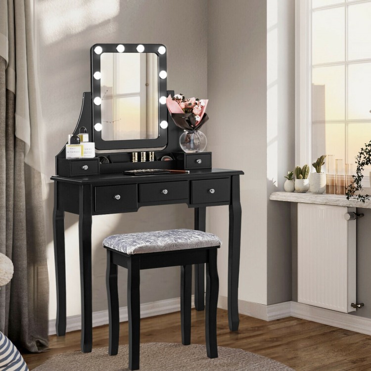 Black vanity dressing table set featuring a 360° rotating mirror, 10 dimmable bulbs, and cushioned stool for.