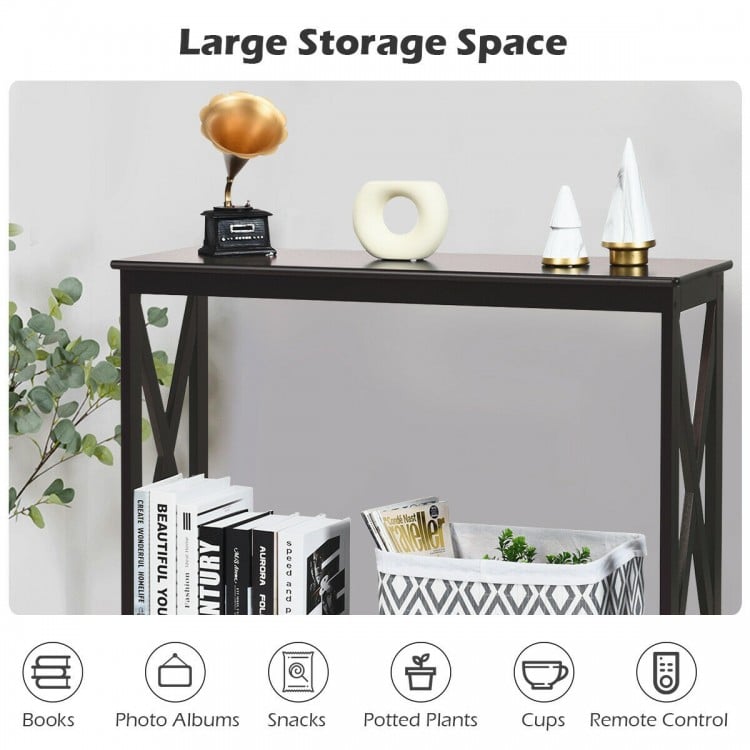Dark brown 2-tier console table with X-design, featuring an open shelf for storage in living rooms or entryways.
