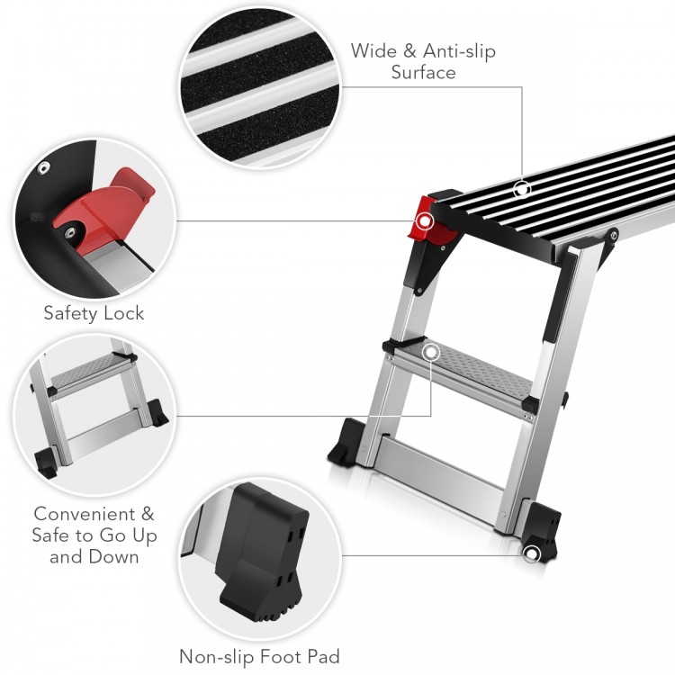 Folding aluminum step stool ladder with non-slip surface, safety lock, and rubber foot pads for secure use in home or.