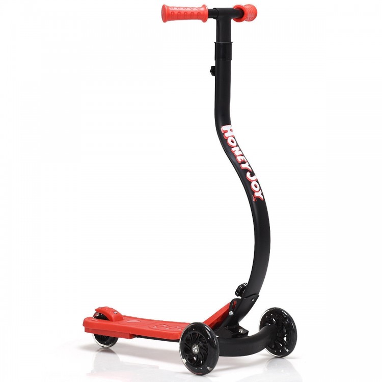 Folding red kids scooter with adjustable T-bar, three wheels for balance, and easy-to-use rear fender brake.