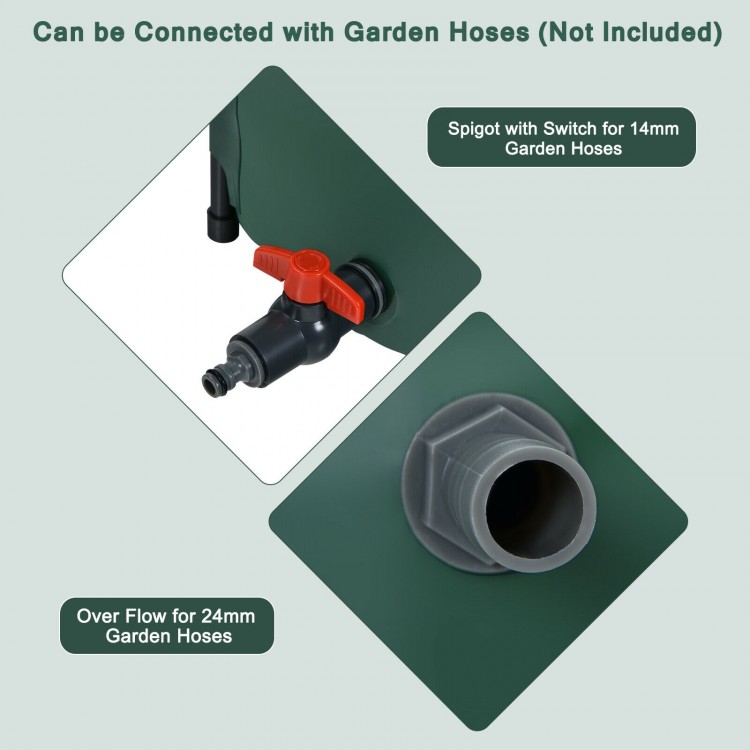 Close-up of the spigot and overflow connection on the 60 Gallon collapsible rain barrel for garden hoses.