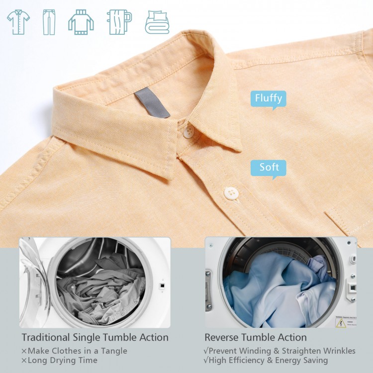 1.5 cu. ft. clothes dryer with stainless steel tub, showing anti-wrinkle function and compact wall mount design.