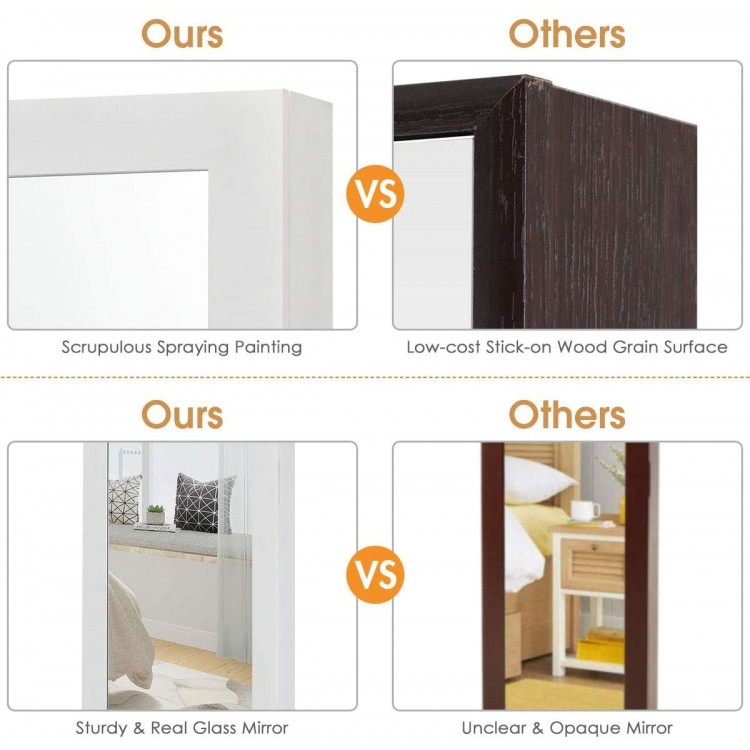 White wall-mounted jewelry cabinet with full-size mirror, organized storage for rings, earrings, and accessories.