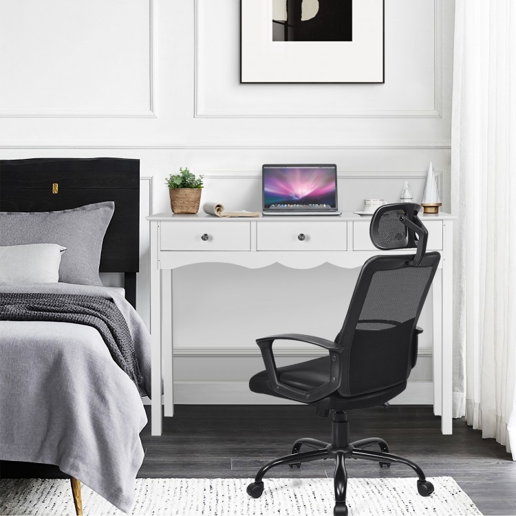 Black ergonomic office chair positioned beside a stylish white side sofa table with three drawers, enhancing workspace.