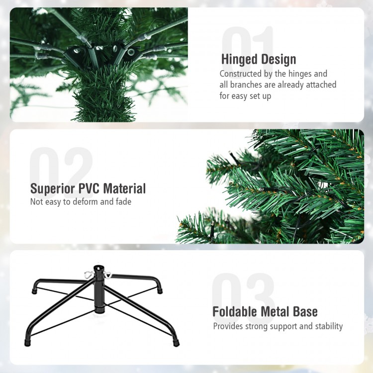 7-foot PVC artificial Christmas tree with hinged branches and LED lights, ideal for festive indoor decoration.