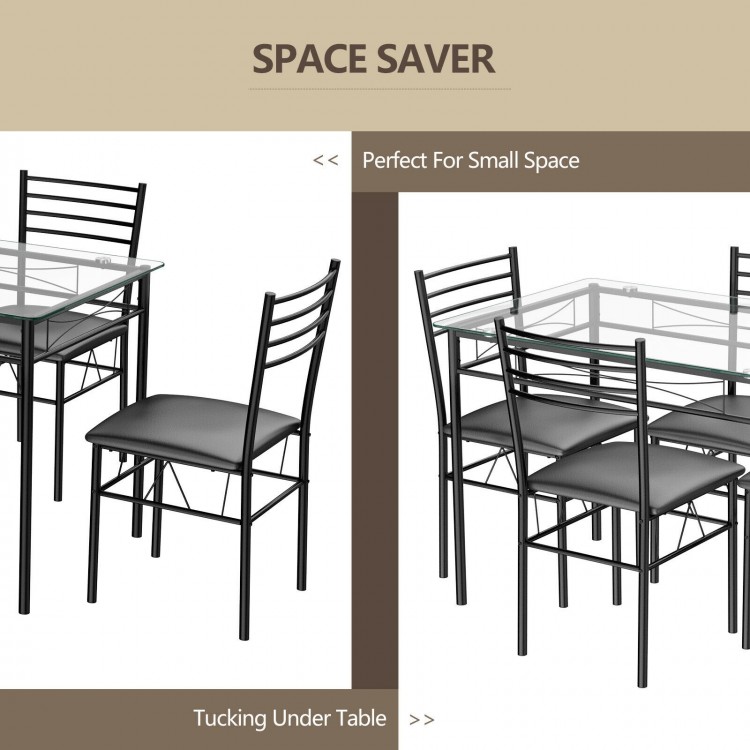 5-piece dining set featuring a tempered glass top table and 4 upholstered chairs, perfect for small spaces.