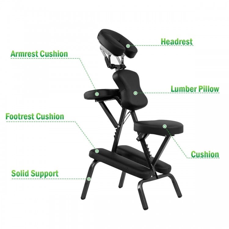 Foldable PU leather massage chair with adjustable headrest, armrest, and footrest cushions for versatile comfort.