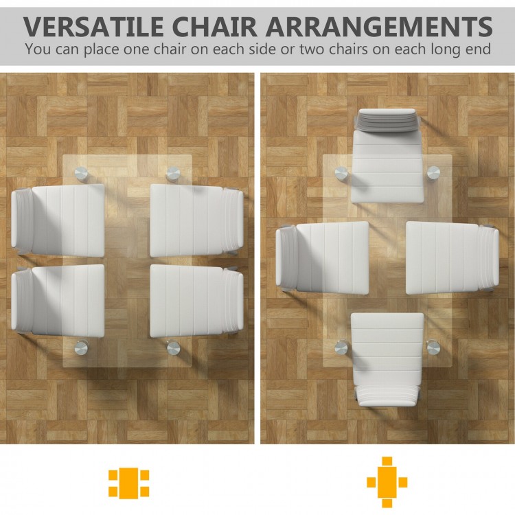 Versatile dining set arrangement showing a clear glass table with four PVC leather chairs for modern dining spaces.
