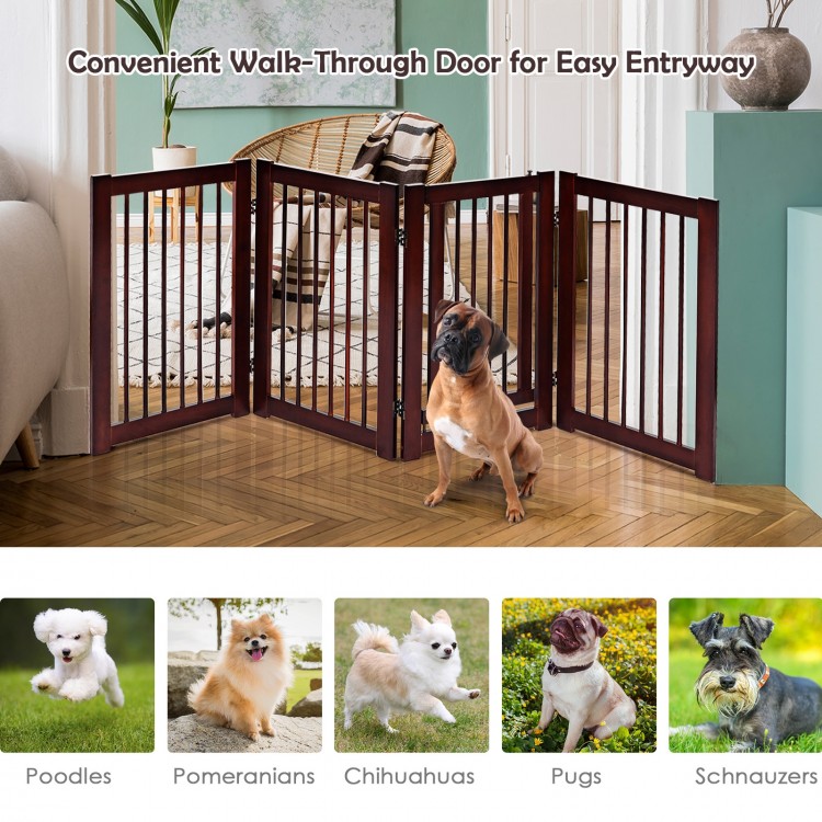 Configurable 30-inch wood pet gate with cherry finish, ideal for doorways and hallways, featuring a walk-through door.
