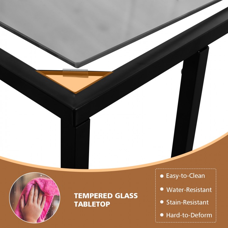 Sofa end table with a smooth tempered glass top and sturdy steel frame, ideal for small spaces and easy to clean.