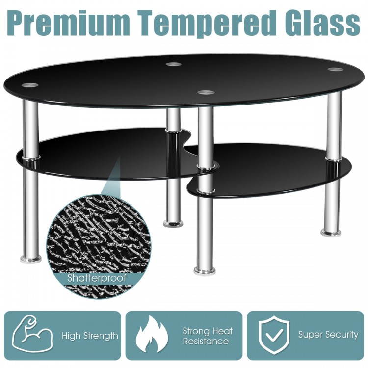 Oval black coffee table made of tempered glass with a smooth design, featuring two shelves for stylish and practical.