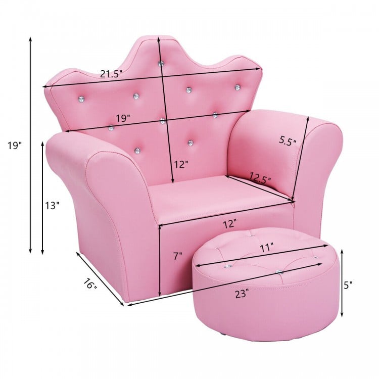 Dimensions of the pink children's upholstered princess sofa and ottoman, perfect for kids' rooms and play areas.