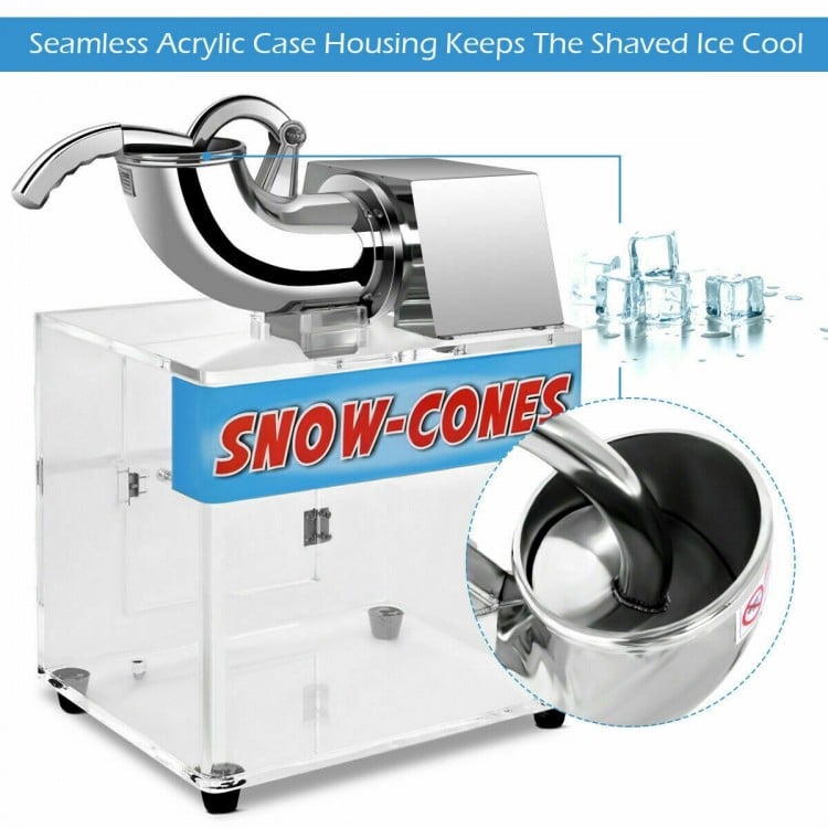 Close-up of the drain hole and pipe on the electric snow cone machine, ensuring efficient water release during use.