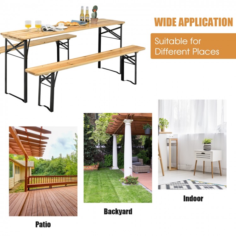 Folding wooden picnic table and bench set showcasing rustic fir wood and sturdy steel frame for indoor and outdoor use.