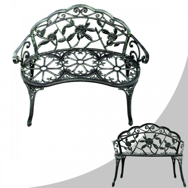 Front view of the antique rose cast aluminum patio bench in antique green, adding charm to your outdoor living space.