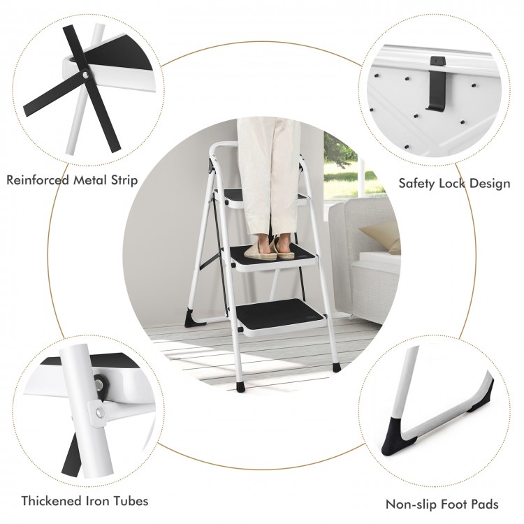 Folding 3-step ladder with handgrip, anti-slip platform, and thickened iron tubes for home or office use.