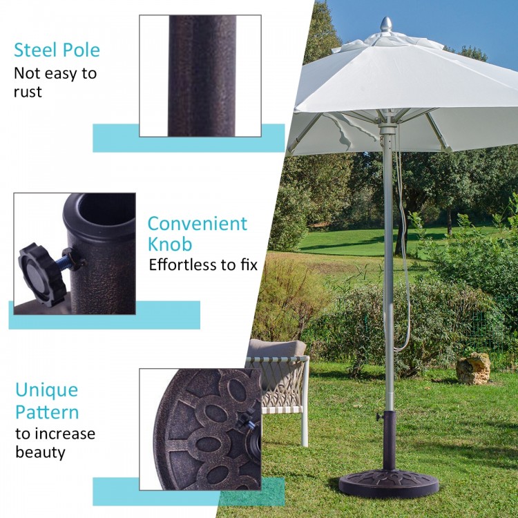 Heavy-duty 30lbs umbrella base with a decorative bronze finish and steel pole, designed for outdoor patio use.