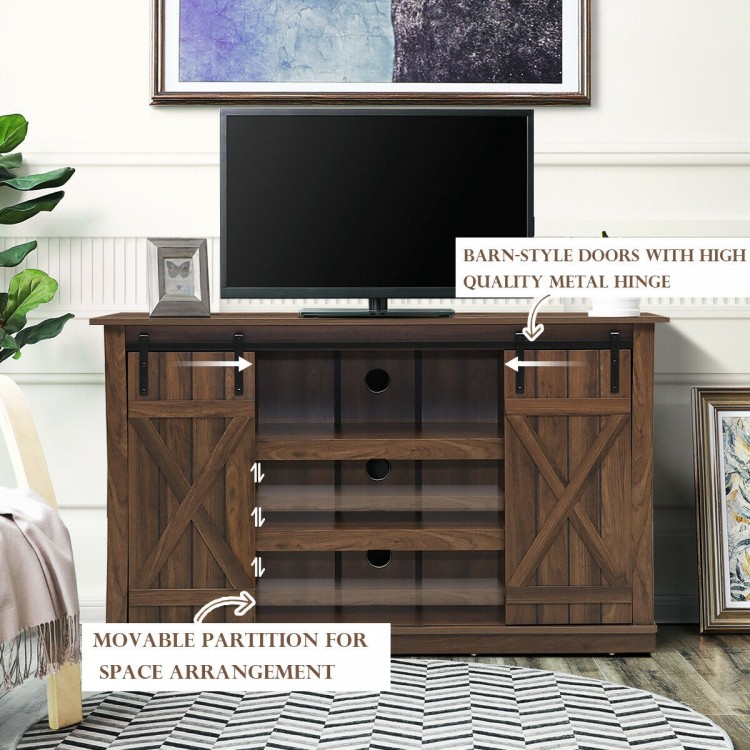 Sliding barn TV stand in brown with barn-style doors, accommodates TVs up to 60", ideal for living room storage.