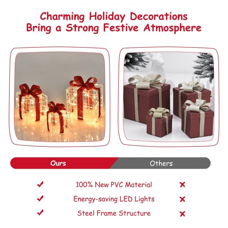 Lighted Christmas gift boxes with 60 LED lights, made of durable PVC, perfect for indoor and outdoor festive decor.