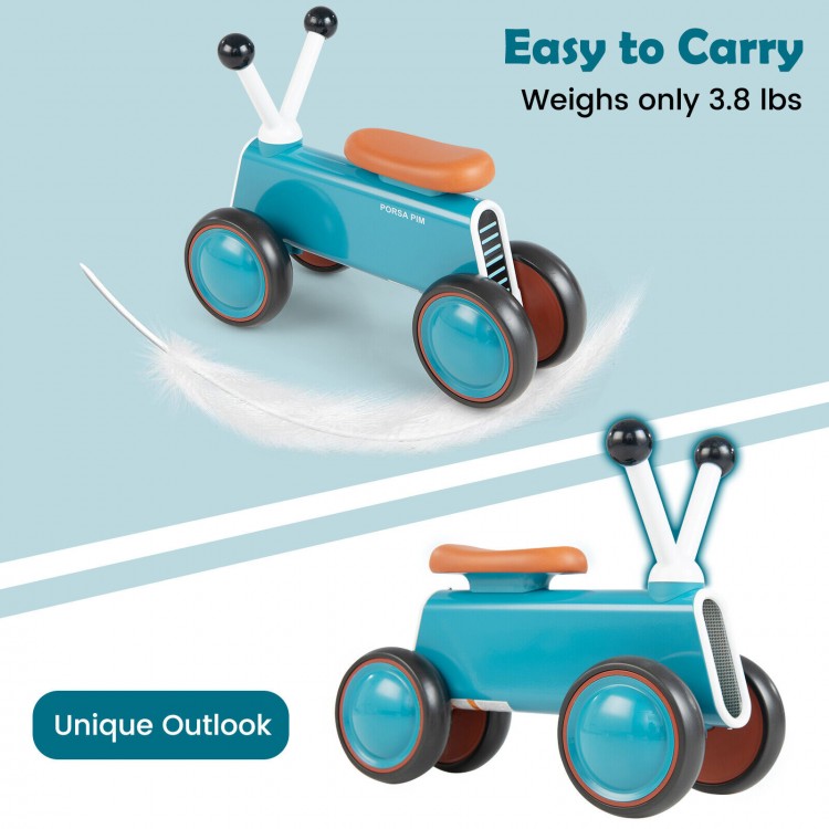 Baby balance bike in blue with 4 wheels, non-slip handlebars, and lightweight design for kids aged 10-24 months.