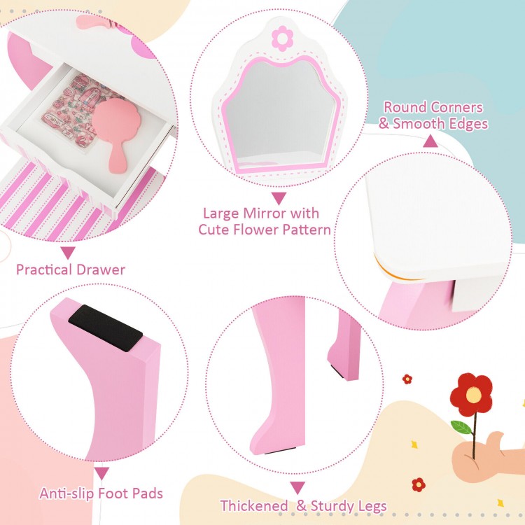 Toddler vanity set featuring a large mirror, practical drawer, and cute flower patterns, designed for safe and fun use.