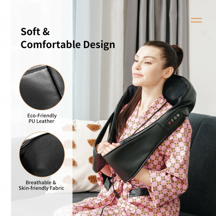 U-shaped Shiatsu neck massager in black with 8 deep-kneading nodes and heating function for personalized comfort.