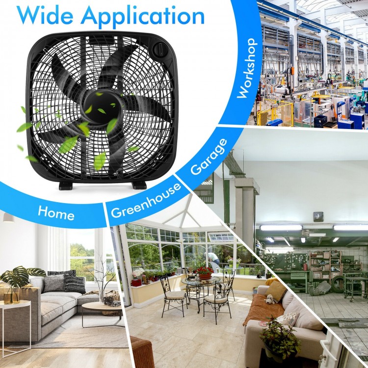 20-inch black box fan with 3 speed settings, ideal for home, garage, or workshop cooling and efficient airflow.