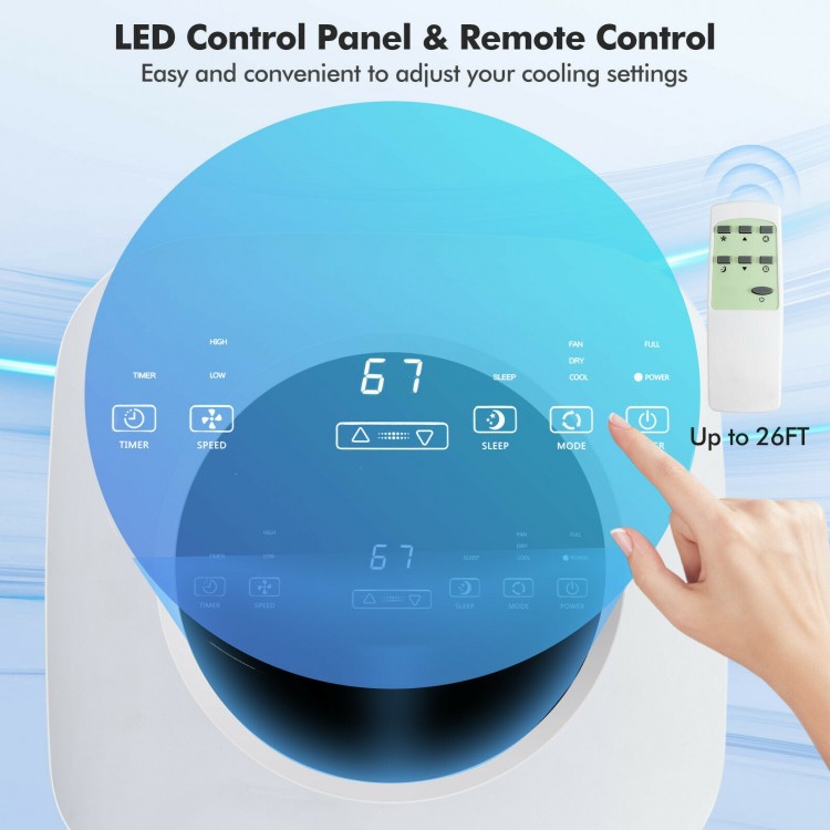 LED control panel and remote for the 9000 BTU 3-in-1 portable air conditioner, easy settings adjustment for cooling.