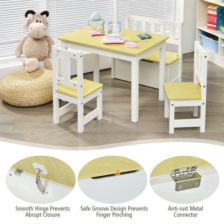 Kids wooden activity table and chairs set in natural finish, featuring ergonomic design and safe storage bench for.