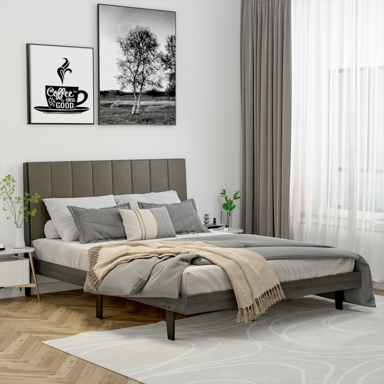 Queen size upholstered bed frame with a vertical channel tufted headboard, designed for comfort and modern aesthetics.