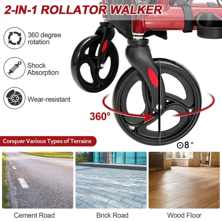 Folding rollator walker with 8-inch wheels, red aluminum frame, adjustable height, and footrests for mobility support.
