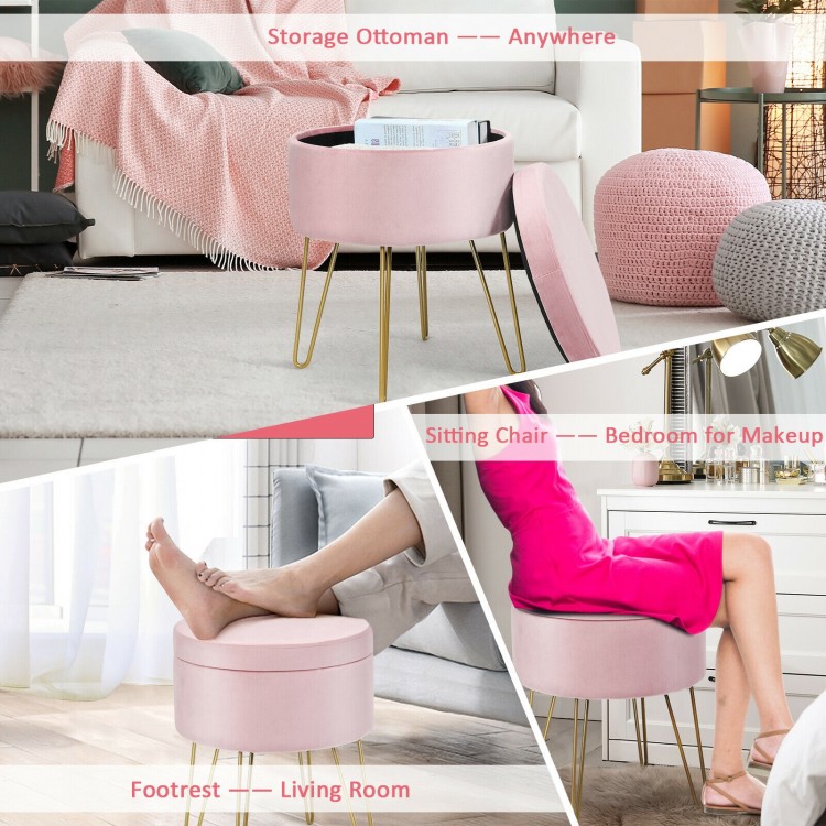 Round pink velvet storage ottoman with golden metal legs, ideal as a footrest or vanity chair for modern rooms.