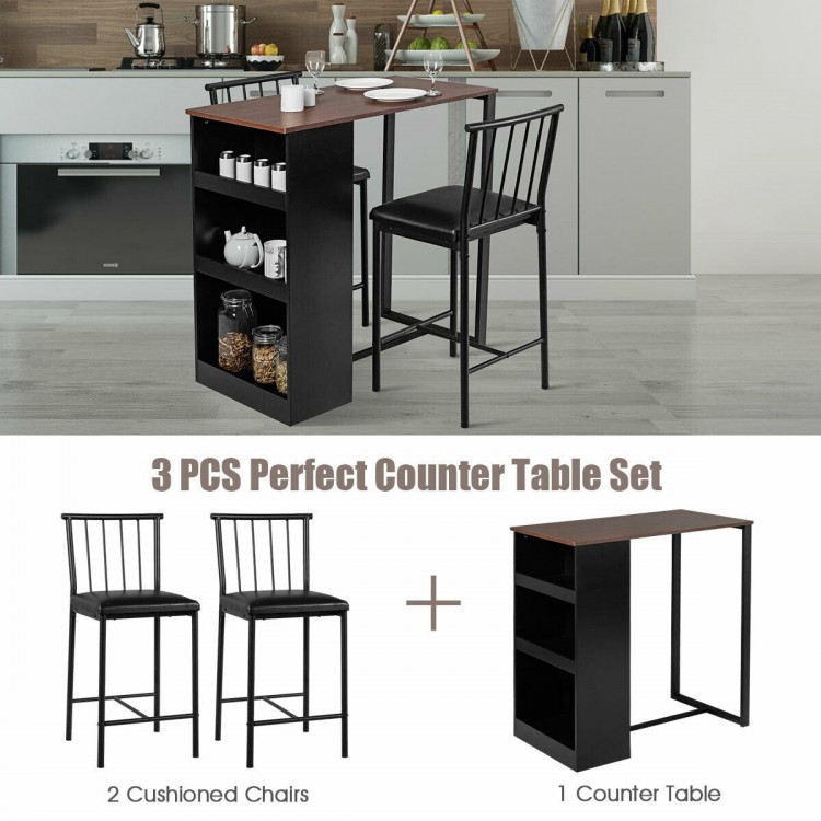 Counter height dining set featuring a brown triangular table and two cushioned chairs, perfect for small spaces.