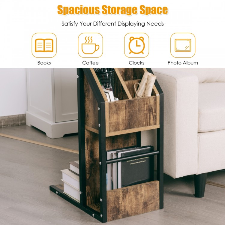 Industrial C-Shape snack end table with storage compartments for books and magazines, perfect for living room.