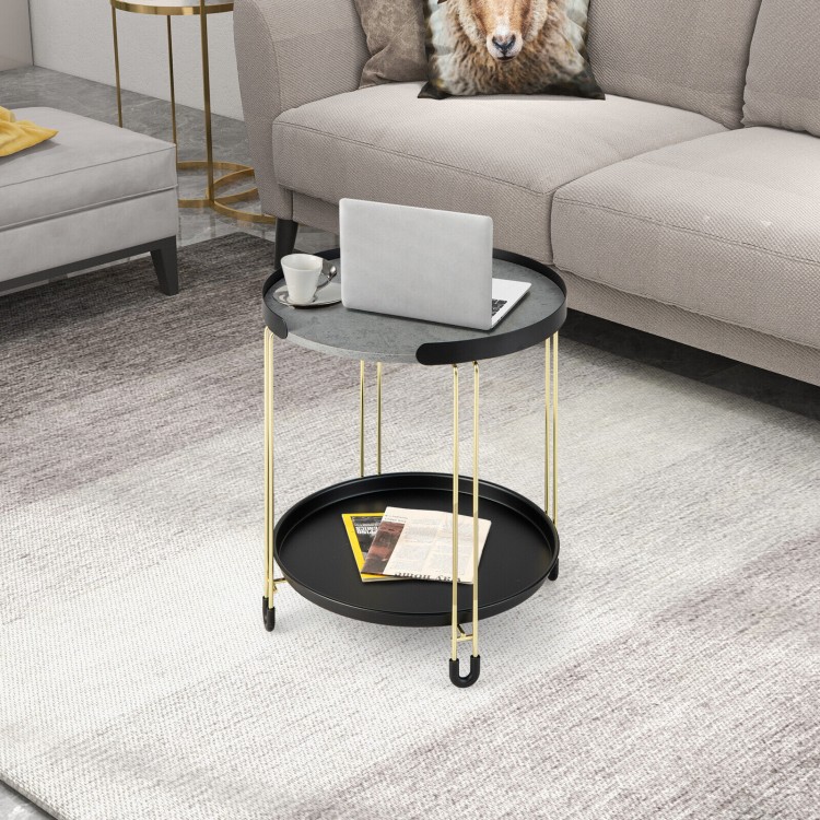 Round side table with removable tray, grey dolomite top and golden metal frame, perfect for small spaces and versatile.