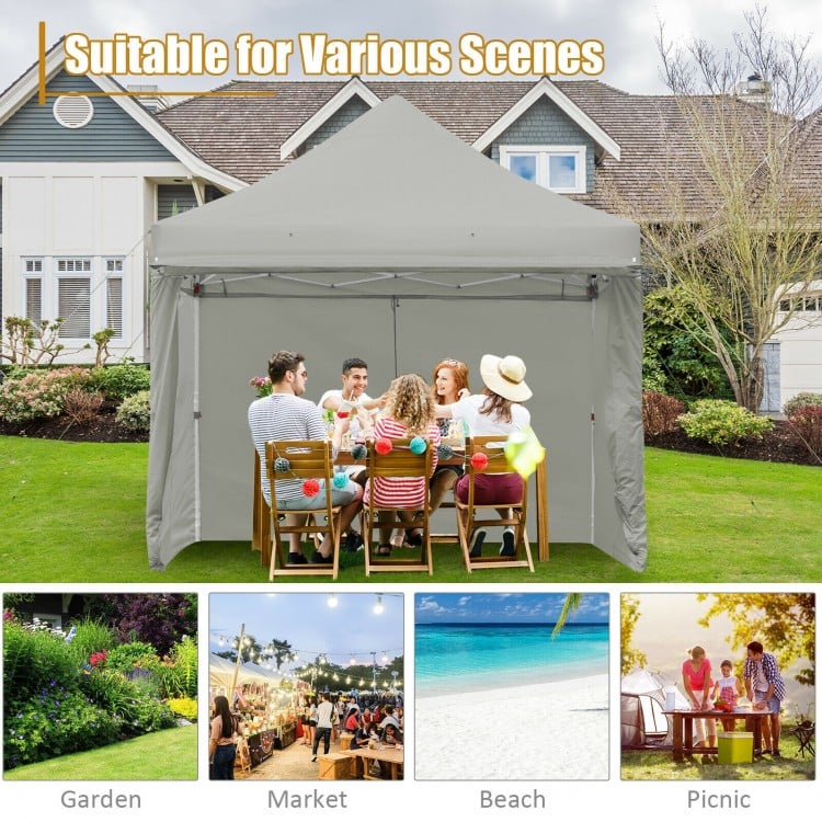 Gray 10 x 10 feet pop-up gazebo with adjustable height, perfect for outdoor events like picnics and markets.