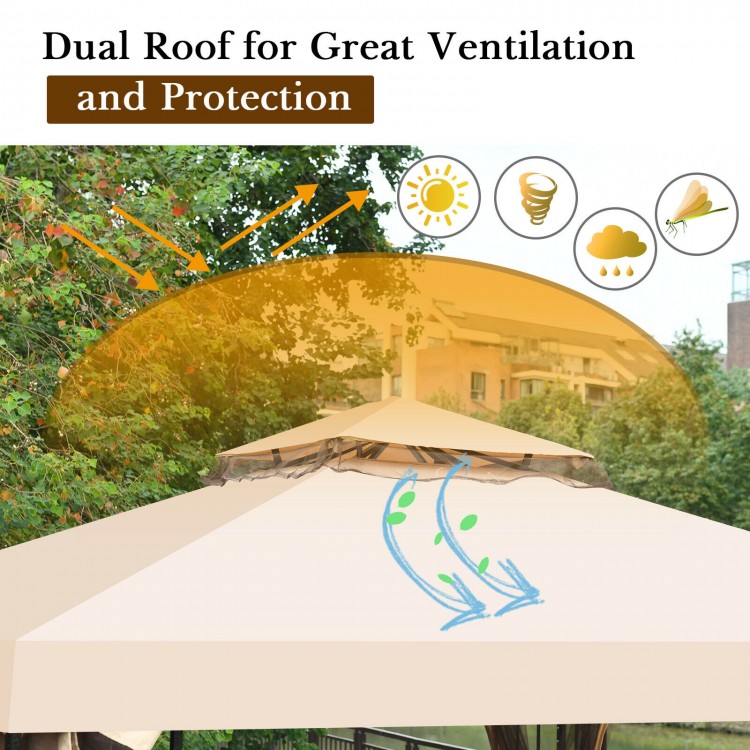 Vented 10x10 feet metal canopy with dual roof design for ventilation, featuring light brown polyester and mosquito.
