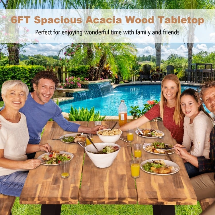 70-inch acacia wood dining table set with metal frame, perfect for outdoor gatherings in the backyard or garden.