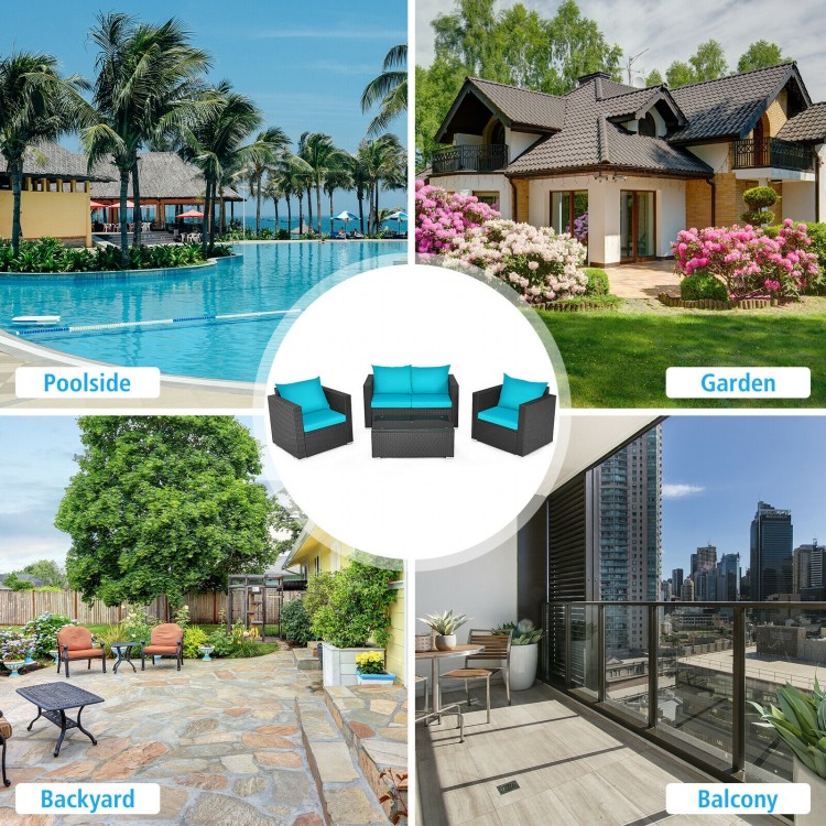 Turquoise cushioned 4-piece patio rattan furniture set, featuring a sturdy frame and tempered glass table, ideal for.