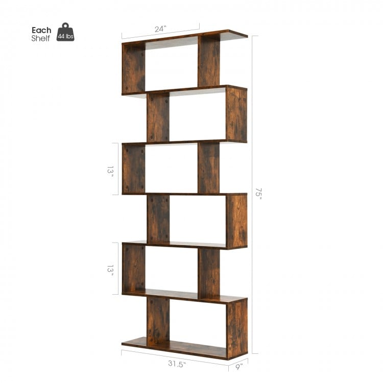 S-shaped 6-tier bookshelf in coffee finish, featuring 6 spacious compartments for stylish storage and display.
