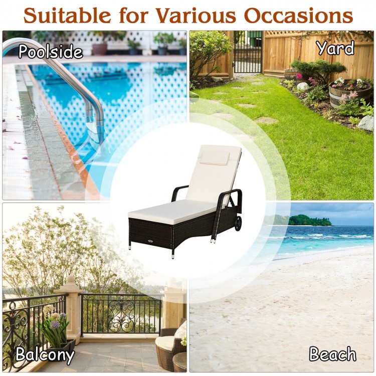 Cushioned outdoor recliner chaise lounge in white with adjustable backrest, perfect for poolside, yard, or beach.