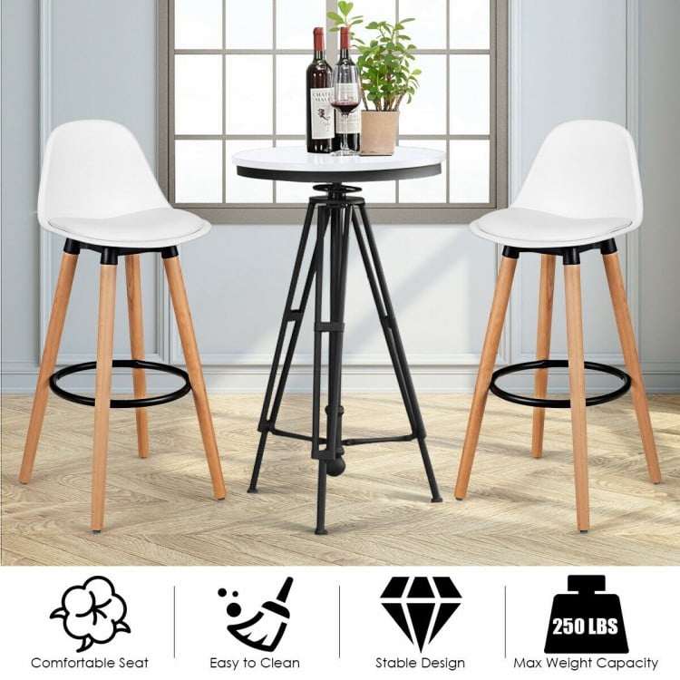 Mid-century barstool set with white PU leather seats and beech wood legs, ideal for dining rooms or home bars.