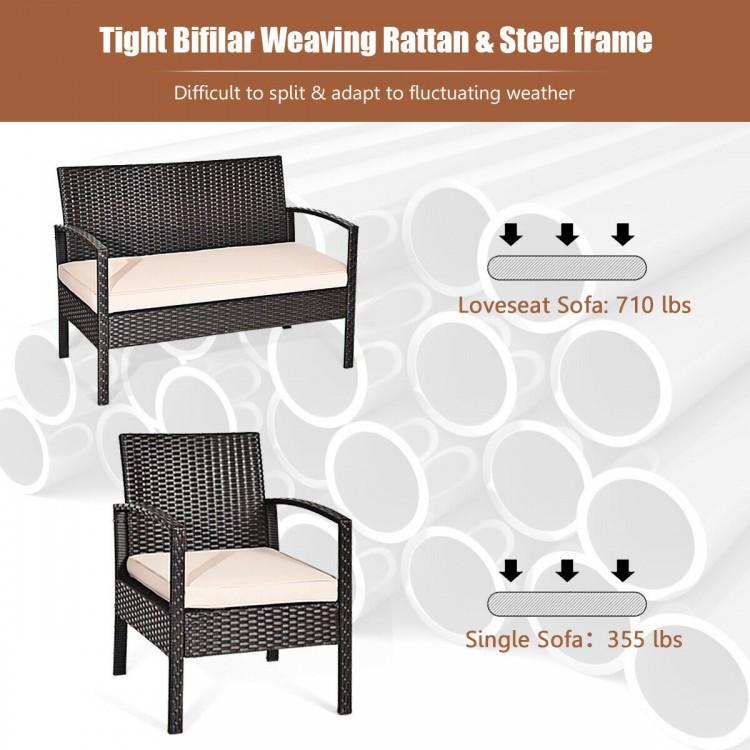 Loveseat sofa with cream cushion, made of durable PE rattan and steel frame, suitable for outdoor patio use.